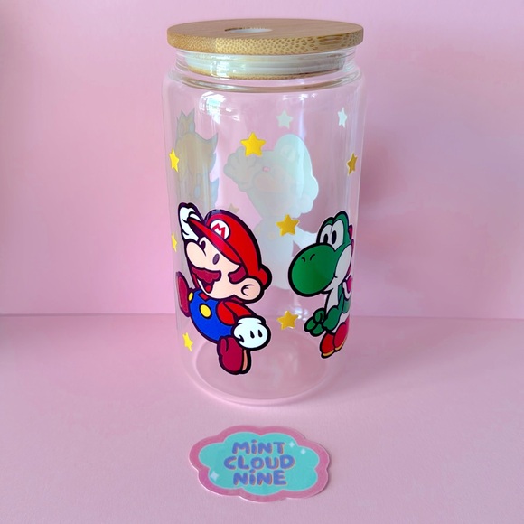 ❗️2/$22❗️CAN GLASS CUP BAMBOO LID & STAINLESS STEEL STRAW - MARIO FRIENDS - Picture 2 of 4